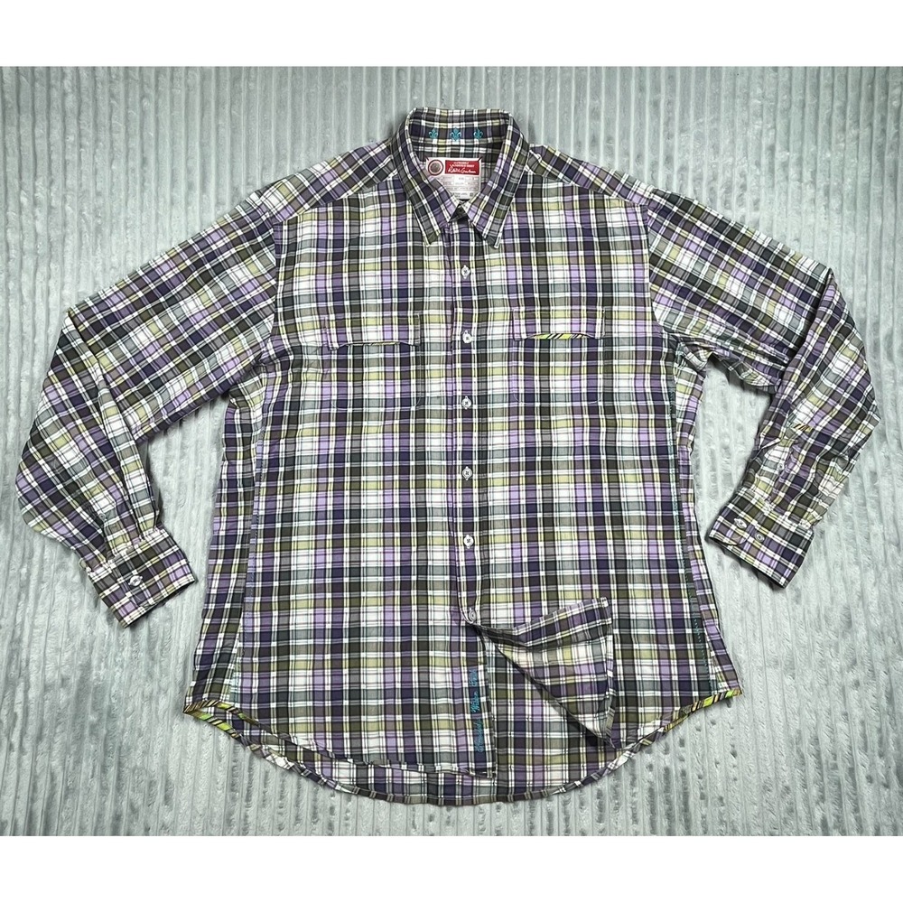 Robert Graham Freshly Laundered Button Up Shirt Men's L Purple Green Plaid Roll - Picture 4 of 13